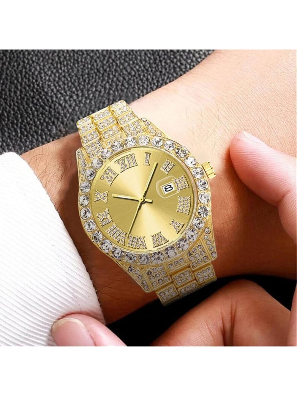 Men's All Gold Analog Crystal Rhinestone Diamond Iced-Out Bracelet Wrist Watch - Picture 2 of 6